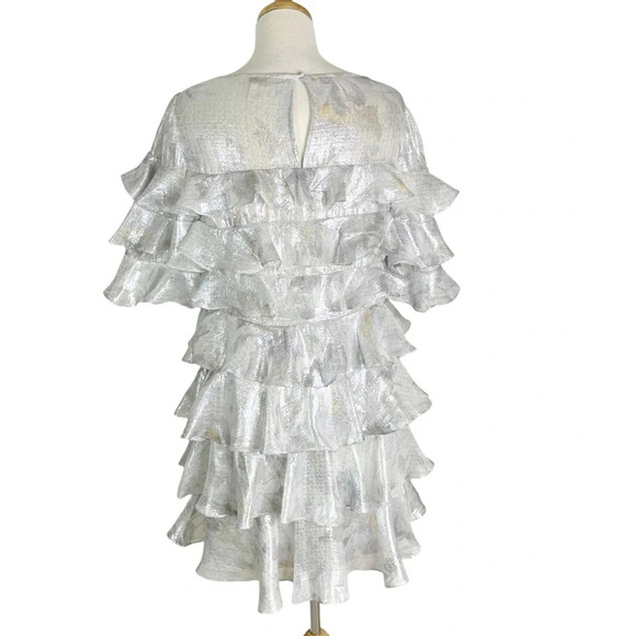 NEW Rebecca Taylor Shadow Lily Metallic Silver Silk
Ruffle Mini Dress Size 12 - Picture 6 of 15